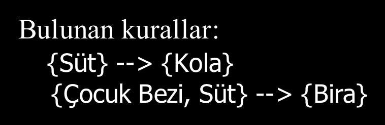 Marketlerde birliktelik kuralı keşfi p Örnek TID Ürünler 1 Ekmek, Kola, Süt 2 Bira, Ekmek 3 Bira, Kola, Çocuk Bezi, Süt