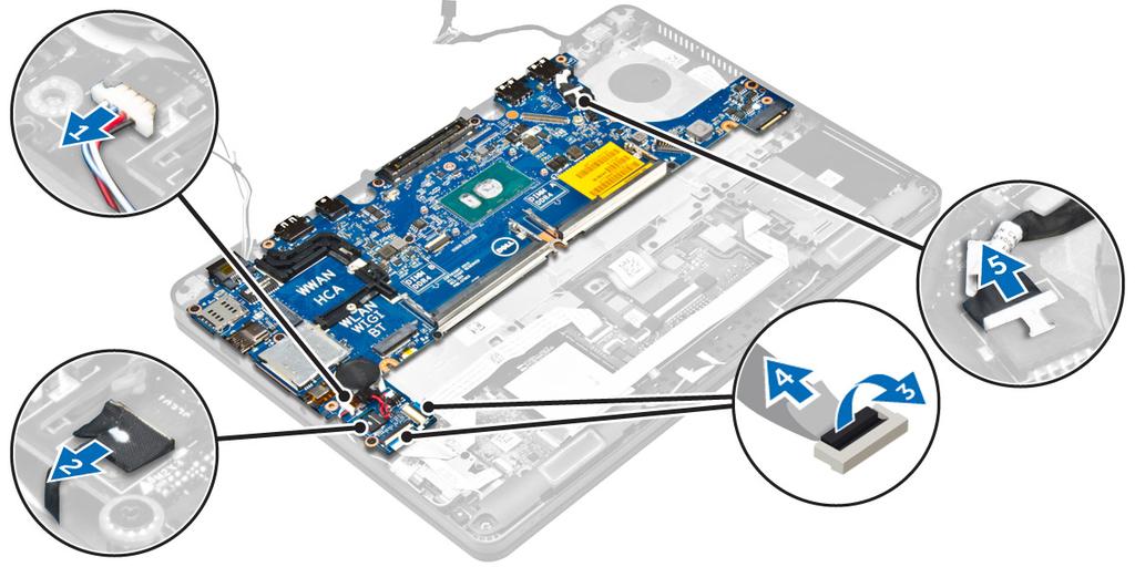 f. WLAN kartı g. WWAN kartı h. ısı emici aksamı i. düğme pil 3. Ekran aksamı kablosunu sökmek için: a. WWAN ve WLAN kablolarını ayırın [1]. b.