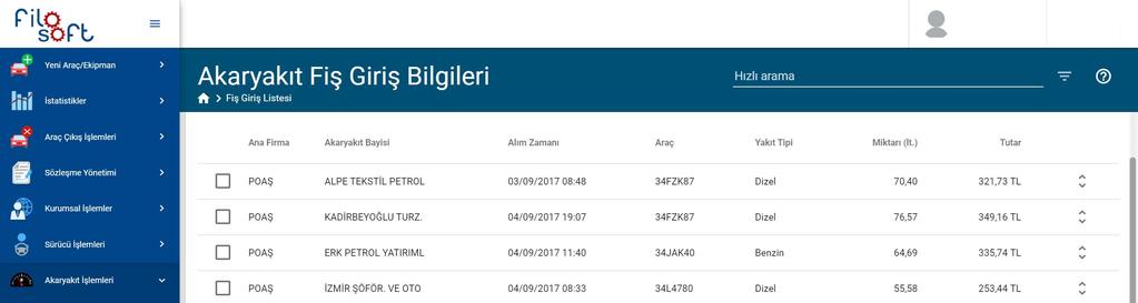 Akaryakıt yönetimi Kolay yakıt girişi Otomatik taşıt tanıma sistemleri ile entegrasyon ile el değmeden plakan bazında akaryakıt alım bilgileri filo yönetim