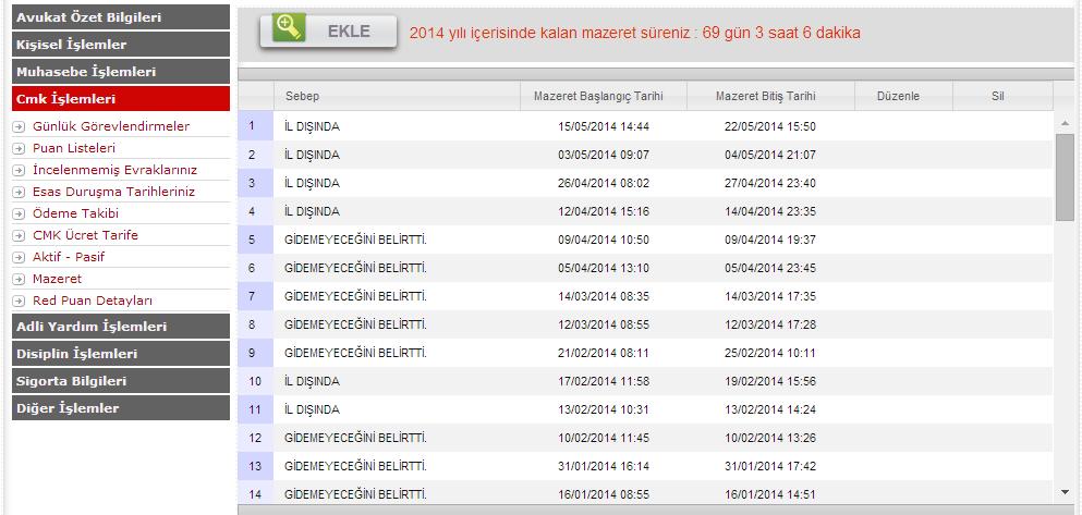 CMK İşlemleri Mazeret Anamenü den CMK İşlemleri ne tıkladıktan sonra açılan alt menüdeki Mazeret seçeneğine tıklıyoruz.