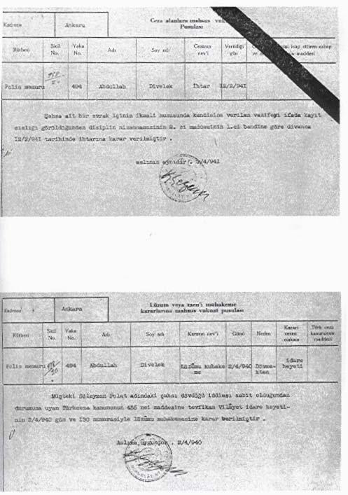 EK- 7 1940 yılında Soruşturma Sonucu Yargılanmasına Karar Verilen bir Polise Ait Pusula Kaynak: Arşiv