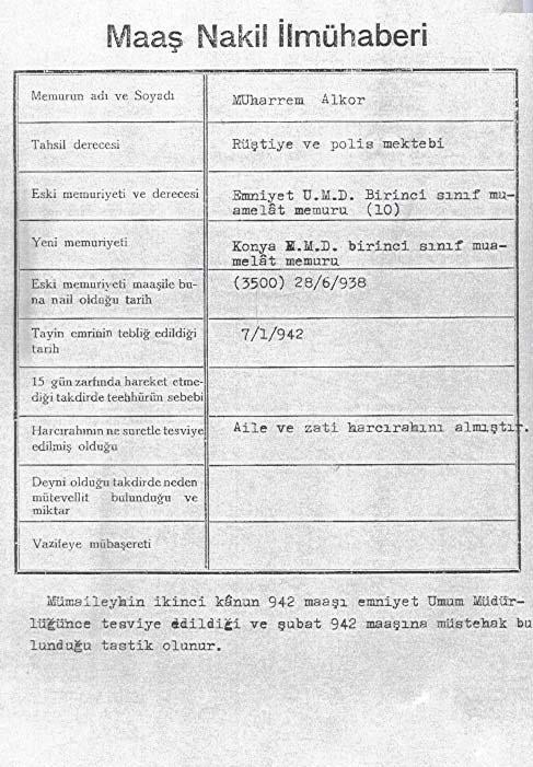 1942 Yılında Tayin Edilen Bir Polise Ait Maaş Nakil İlmühaberi EK- 12 Kaynak: Arşiv Belgeleri