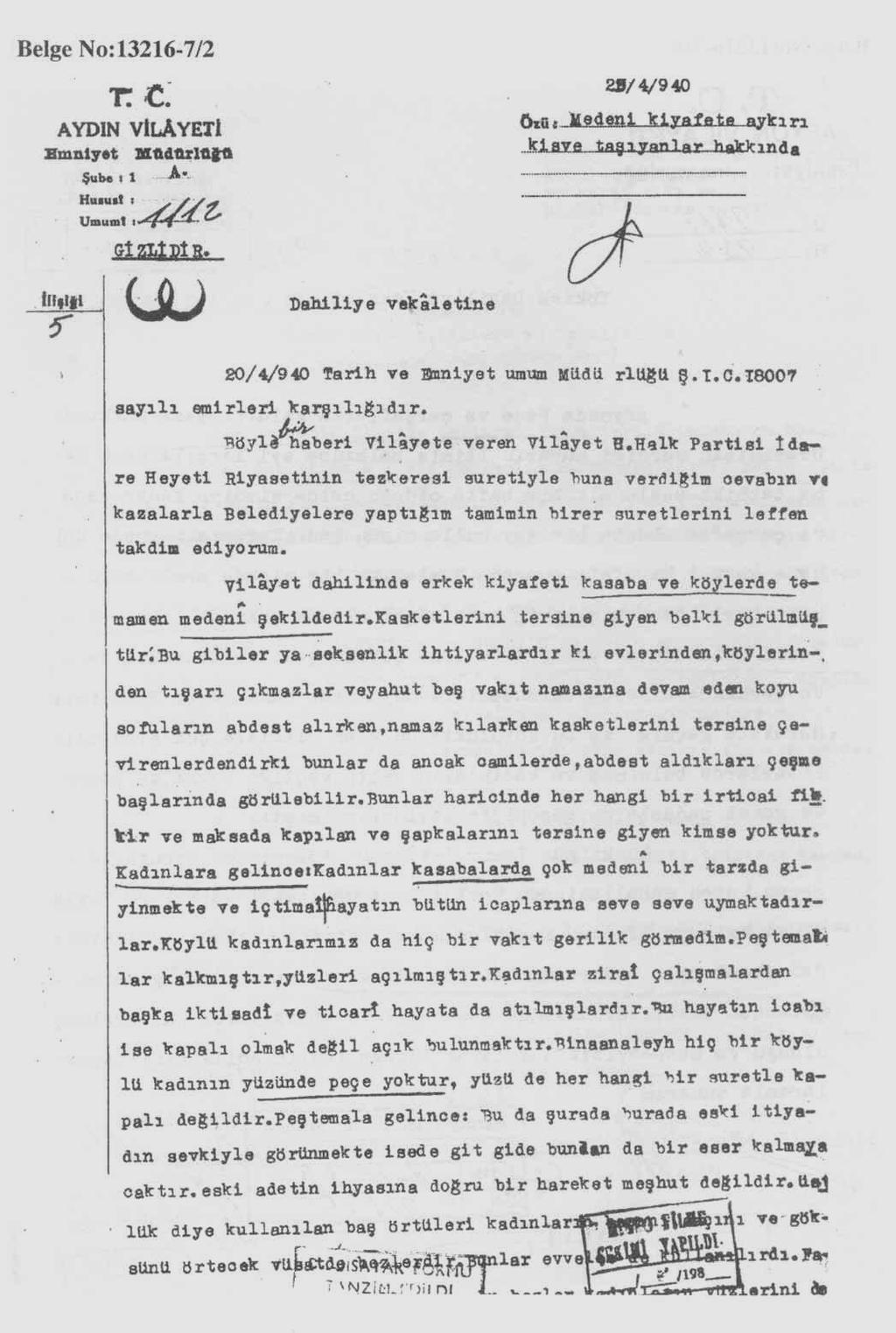 EK- 33 Medeni Kıyafete Aykırı Giyinenler Hakkında Aydın Valiliği nce Gönderilen Rapor Kaynak: Cumhuriyetin 75.