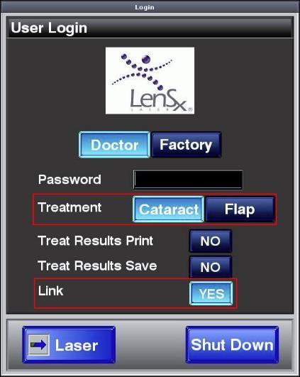 LENSX LAZERİN VE DİJİTAL İŞARETLEYİCİ L NİN HAZIRLANMASI LenSx User Login (Kullanıcı Girişi) ekranında Treatment (Tedavi) Cataract (Katarakt) öğelerini seçin.
