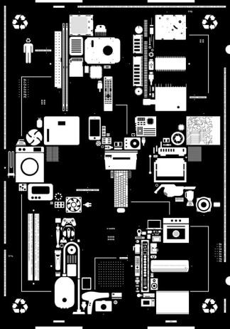 Elektronik atıklara farkındalık oluşturmak için tasarlanan afişte yer verilen recycle (geri dönüşüm) kelimesi içeriği özetleyen bir anahtar kelimedir.