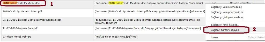 Şekil 10: Dosya Yöneticisinden Doküman Linki Alma Sisteme girişi yapılan belgeye erişim yolu linkinin kullanılmak üzere