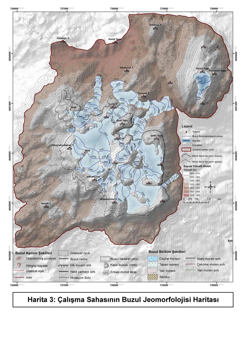 ġekil 7: ÇalıĢma sahasında kuzeye geliģen buzul vadilerinin hipsometrik eğrisi ve yüzölçümü metoduyla daimi kar sınırın (ELA) ortaya konması (Porter, 2001; Hubbard & Glasser, 2005)