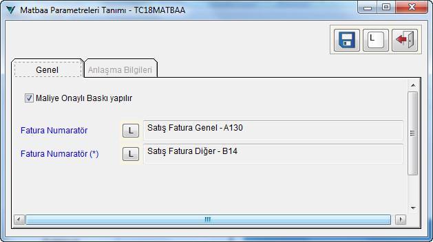 Matbaa Parametreleri Sektörel/Matbaa/Matbaa Parametreleri adımı ile açılan Matbaa Parametreleri Tanımı ekranında Fatura Numaratör