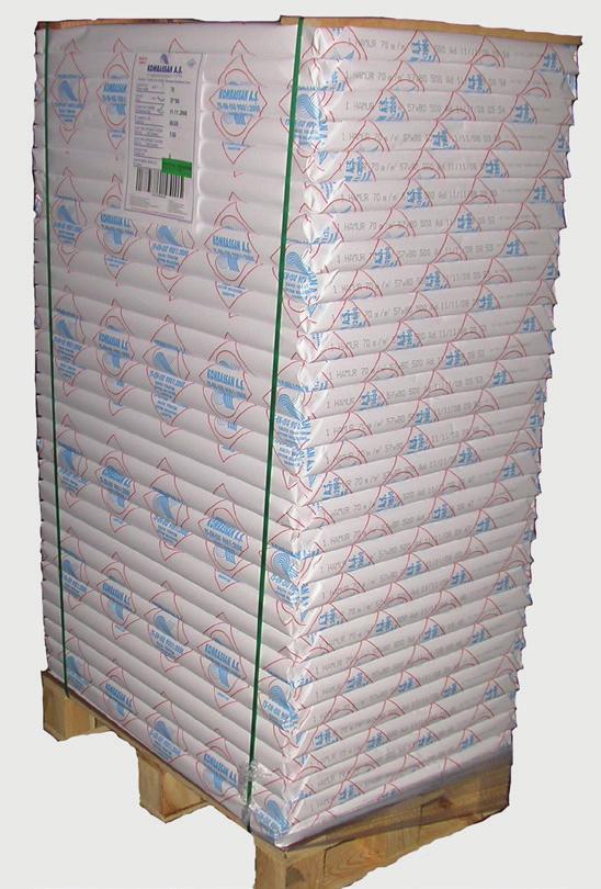 AMBALAJ ÖZELLİKLERİ: Poliüretanla kaplı özel dizayn edilmiş ambalaj kağıtlarımız; paketlenen kağıtları her türlü hava şartlarına karşı koruyucu özelliktedir.