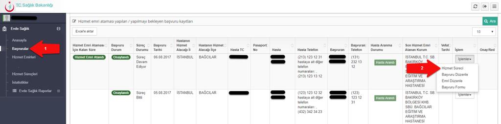 (Şekil 14) Şekil 14 Sol menüde bulunan başvurulara tıklanarak hasta hakkında daha