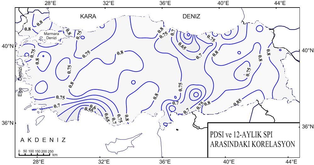 En dikkat çekici durumun 12-aylık SPI ve PDSI değerleri arasındaki iliģkiyi gösteren ġekil 4 te görmekteyiz. Türkiye nin hemen tüm bölgeleri (Mersin in kıyı tarafı hariç) iliģki katsayısı 0.