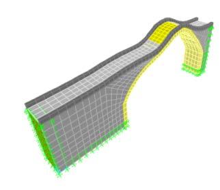 Birinci mod (Yanal hareket) f 1 =8.79505Hz İkinci mod (Kemer düşey hareket) f 2 =15.73848Hz Üçüncü mod(kemer burulma hareketi) f 3 =16.00709Hz Dördüncü mod (Boyuna hareket) f 4 =16.