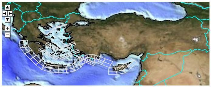 Şekil 2. Doğu Akdeniz ve Ege Denizi boyunca yerleştirilen birim tsunami kaynakları (Kanoğlu vd., 2014).