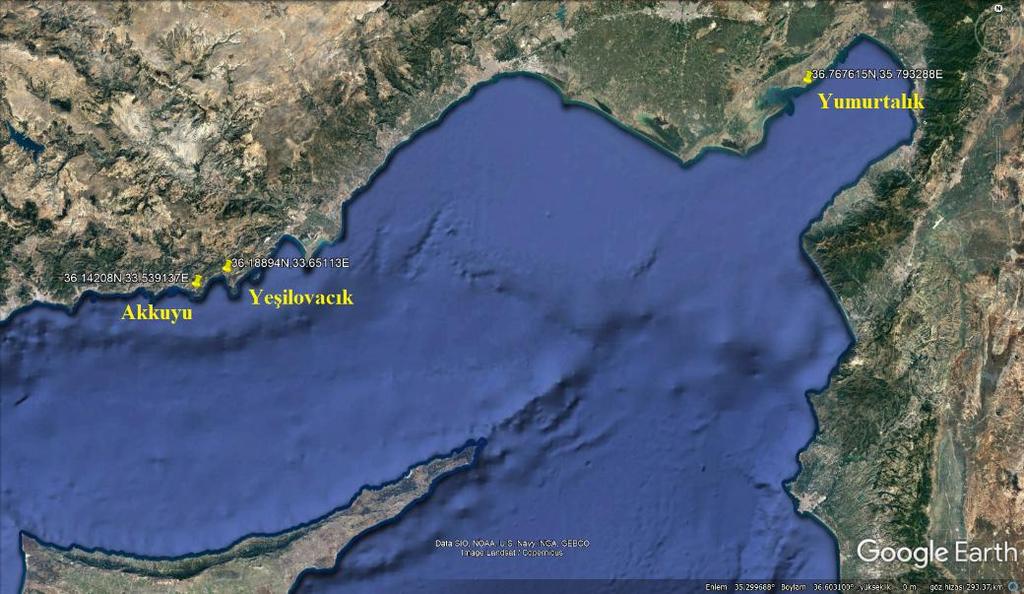 Şekil 3. Mersin in Akkuyu ve Yeşilovacık limanları ile Adana nın Yumurtalık Limanı nda belirlenen izleme noktaları.