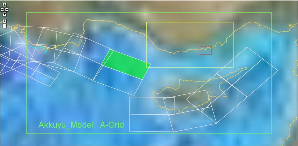 Şekil 4. (üstte) Mersin in Akkuyu ve Yeşilovacık ile (altta) Adana nın Yumurtalık limanları için seçilen birim tsunami kaynakları (yeşil boyalı dikdörtgen).