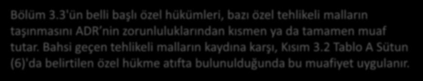 Nr Bahsi geçen UN Nazwa i opis tehlikeli malların kaydına karşı, Kısım 3.2 Tablo A Sütun (6)'da belirtilen o zel hükme atıfta bulunulduğunda bu muafiyet uygulanır.