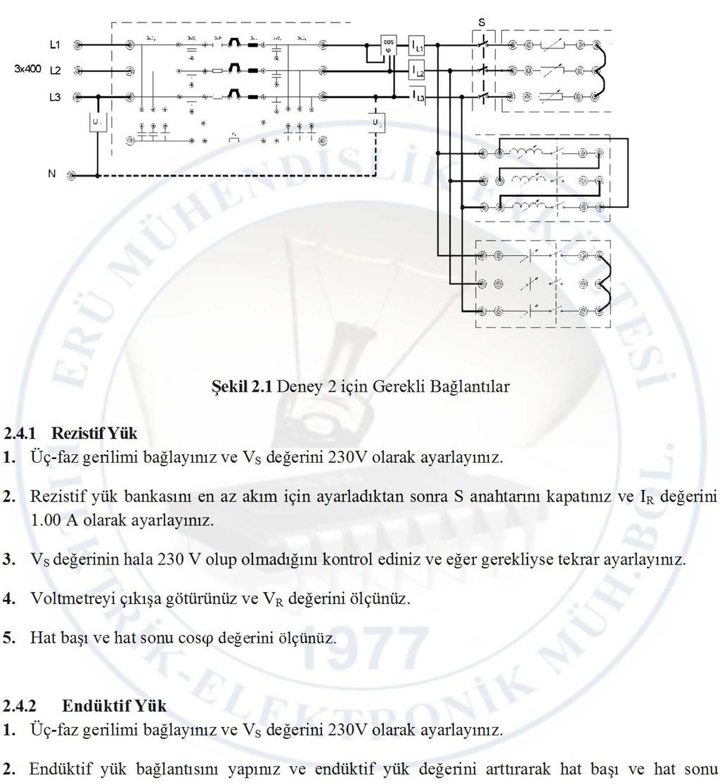 2.4 Çalışma 1. Şekil 2.1 e bağlı olarak devreyi bağlayınız: Şekil 2.1 Deney 2 için Gerekli Bağlantılar 2.4.1 Rezistif Yük 1. Üç-faz gerilimi bağlayınız ve V S değerini 230V olarak ayarlayınız. 2. Rezistif yük bankasını en az akım için ayarladıktan sonra S anahtarını kapatınız ve I R değerini 1.