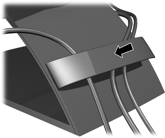 8. Kabloları kablo yönetim klipsiyle sabitleyin. Ayağın kavisli boynu üzerinde klipse doğrudan bastırarak klipsin yan taraflarında bulunan tırnakların ayak üzerindeki yuvalara oturmasını sağlayın.