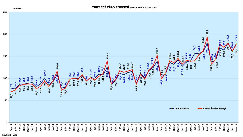 YURT İÇİ CİRO ENDEKSİ Sektörün yurt içi ciro endeksi değerleri imalat sanayi yurt içi ciro endeks değerlerine çok yakındır.