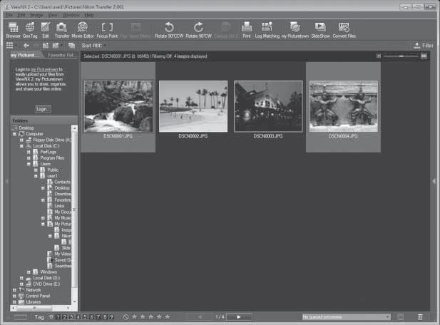 Bilgisayar Bağlantısı Aktarım tamamlandığında ViewNX 2 otomatik olarak başlar (ViewNX 2 varsayılan ayarı). Aktarılan resimler görüntülenebilir.