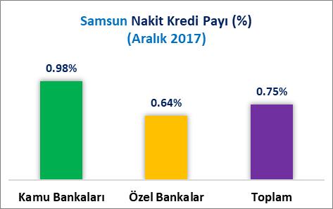 Samsun ilinin 2017 Aralık sonu itibariyle kamu bankaları nakit kredi stoku payı %0.98, özel bankalar nakit kredi stoku payı %0.64, toplam nakit kredi stoku payı %0.75 oranındadır.