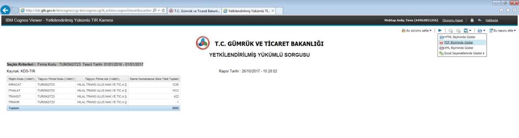 Açılan parametrelere giriş ekranından kişinin TIR kimlik numarası ve sorgulama yapılacak tarih aralığı girilir ve Raporu Çalıştır butonu tıklanarak TIR karnesi sayısı bulunur.