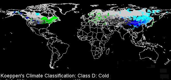 D İklimleri:Orta-enlem soğuk orman iklimleri Kışlar şiddetlidir. En soğuk ayın ortalama sıcaklığı -3 C nin altında, en sıcak ayın ortalaması 10 C nin üzerindedir.