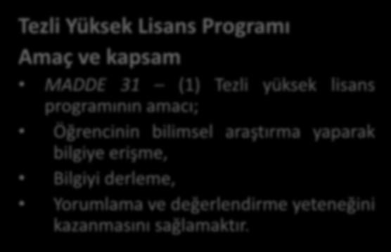 Tezli Yüksek Lisans Programı Amaç ve kapsam MADDE 31 (1)