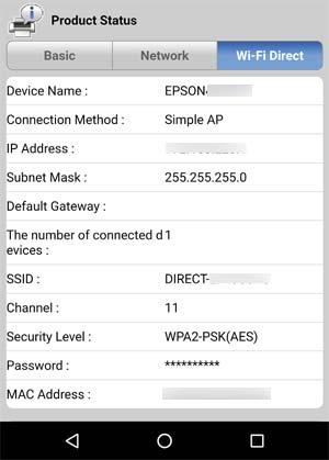 product Status > Wi-Fi Direct öğesine dokunun ve Wi-Fi Direct durumunu kontrol edin.
