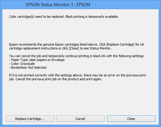 Mürekkep Kartuşlarını Değiştirme EPSON Status Monitor 3 devre dışıysa, yazıcı sürücüsüne