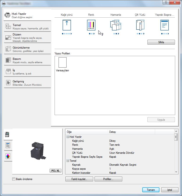 PC'den yazdırırken > Yazıcı Sürücüsü Yazdırma Ayarları Ekranı Yazıcı Sürücüsü Yardımının Görüntülenmesi Yazıcı sürücüsü Yardım içerir.