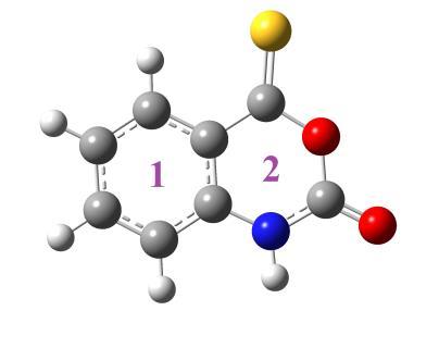 NICS hesaplamaları, optimizasyonda kullanılan teori seviyesinde yapılmıştır. İzatoik anhidrit molekünün iki halkası olduğu için iki halkanın NICS değeri ayrı ayrı hesaplanmıştır.