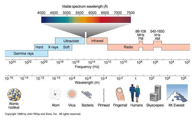 Şekil 11 Elektromanyetik Spektrum aralıklarına göre görünen obje boyutları (Coyne, 2018) Gözümüz, canlı veya cansız objelerin yayabileceği radyasyon değerlerinin sınıflandırılmasının yapıldığı