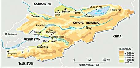 Resim 4. Bişkek şehri ve Doğu batı yönündeki demiryolu boyunca oluşan çevre yerleşimler Resim 2. Kırgızistan ın sınırları ve yükseklik haritası dırılır.