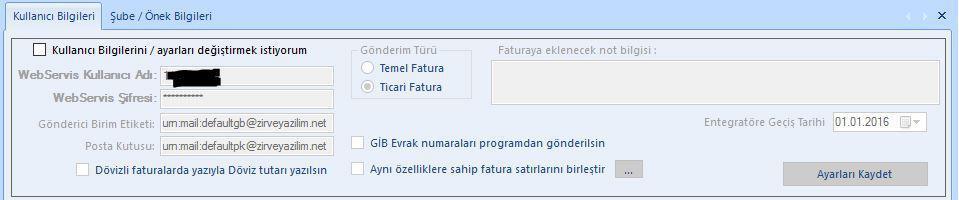 1.1 Kullanıcı Bilgileri Kullanıcı bilgileri bölümün e-fatura entegratör sistemi ile bağlantıyı sağlayabilmek için gerekli web servis kullanıcı adı, web servis kullanıcı şifresi, gönderici birim