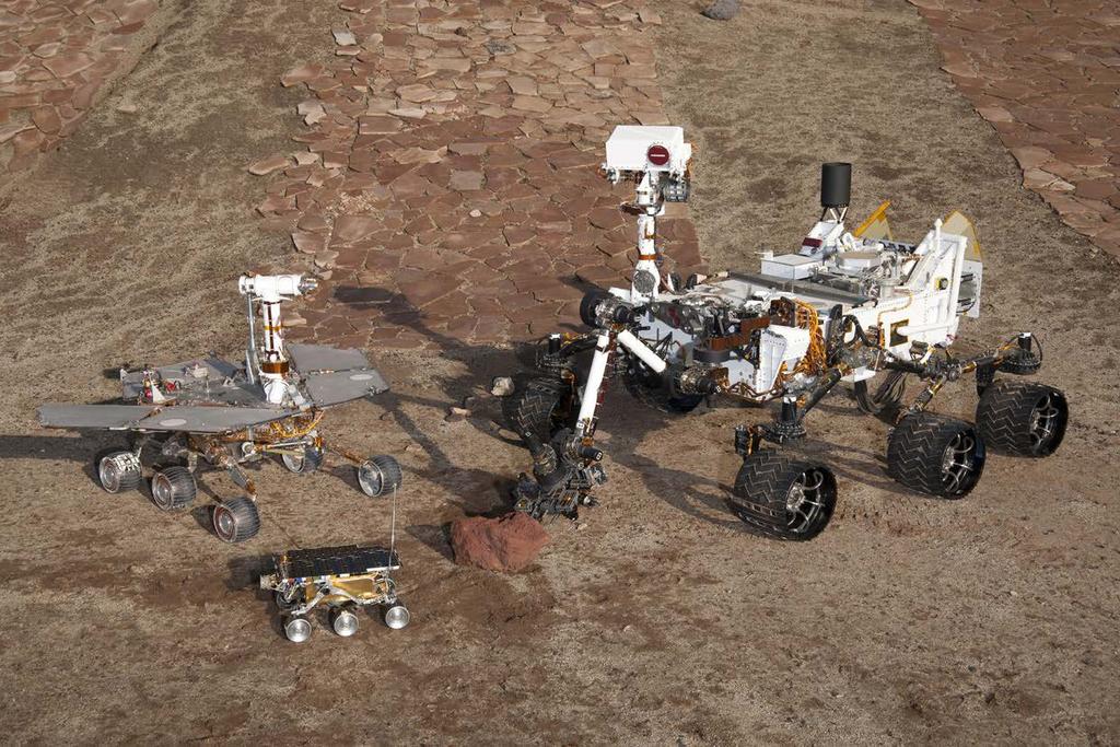 1997 den 2012 ye NASA nın Mars Rover ları. En öndeki 1997 de Mars yüzeyine indirilen ilk Mars Rover ı Sojourner.