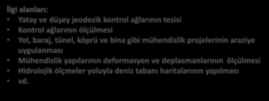 İlgi alanları: Yatay ve düşey jeodezik kontrol ağlarının tesisi Kontrol ağlarının ölçülmesi Yol, baraj, tünel, köprü ve bina gibi