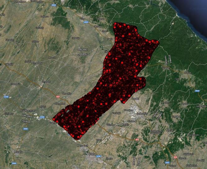 Şekil 5.15: Sayısallaştırılmış eşyükselti eğrilerinin havza sınırıyla kesilmiş hali. SYM haritasının QGIS yazılımına taşınması ile oluşan SYM görüntüsü Şekil 5.16 da verilmiştir.