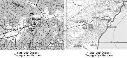 jeomorfolojik birimler tespit edilebilir ve aşınım yüzeylerinin genel karakteri ortaya çıkarılabilir (Ekinci, 2011). Şekil 29. İnceleme sahasının 1:25.000 ve 1:250.