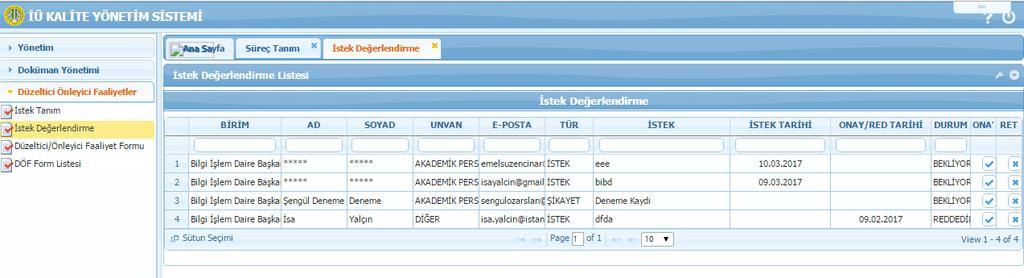 5.2 İSTEK DEĞERLENDİRME Kalite Yönetim Sistemi veya kalsis.istanbul.edu.tr/istek linki ile yapılan İstek/Şikayetlerin değerlendirildiği ekrandır.