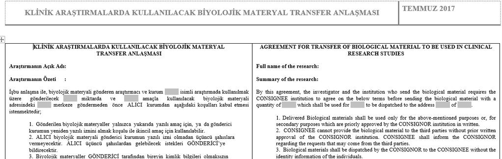 BİYOLOJİK MATERYAL TRANSFER FORMU Türkiye