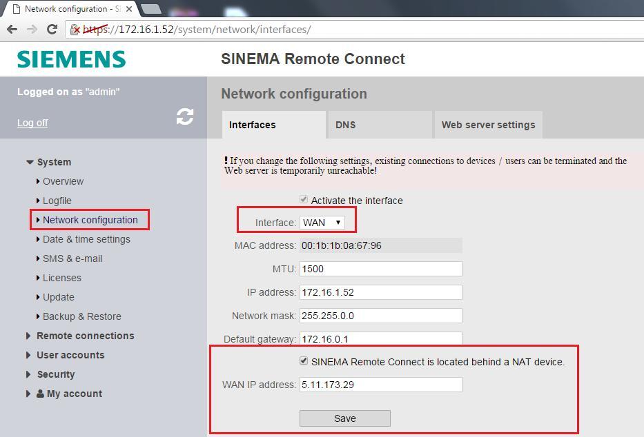 4. SINEMA RC Server Web Server ayarları SINEMA Server bilgisayarına internet sağlayan, modem/routerin dış (WAN) Sabit IP adresi girilir.