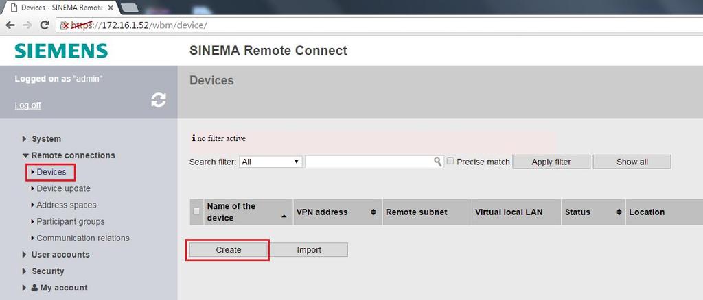 4. SINEMA RC Server Web Server ayarları SCALANCE S615 Cihazının eklenmesi Bağlantı tipi, (Type of