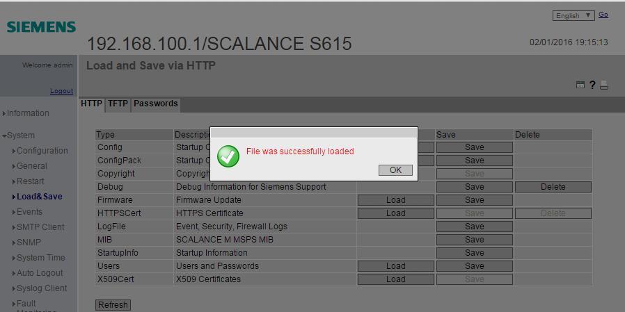 5. SCALANCE S615 İnternet Üzerinden Erişim S615 Ayarları Sertifika yüklenir.