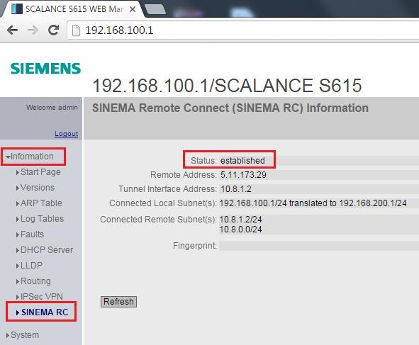 5. SCALANCE S615 İnternet Üzerinden Erişim S615 Ayarları SINEMA RC Server ile bağlantının kurulup kurulamadığı aşağıdaki menüden