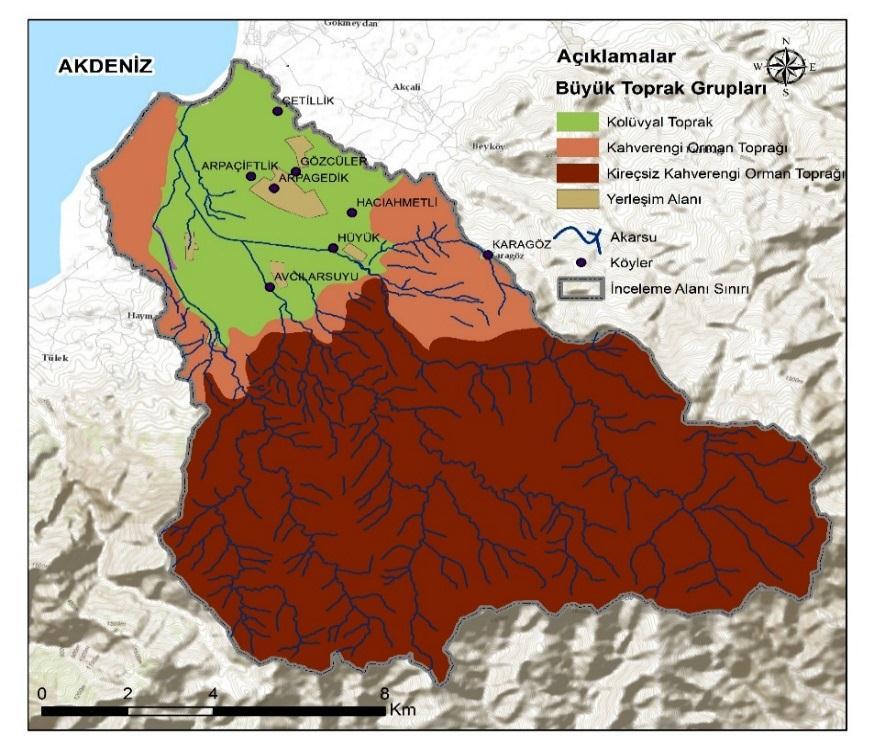 330 Mehmet DEĞERLİYURT uygun, erozyondan dolayı yer yer tarım yapılamayacak durumda olan topraklardır (Tablo 2 ve Şekil 4). Şekil 4. Arsuz Çayı Havzasının Toprak Haritası Tablo 2.