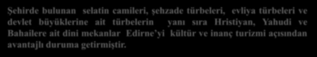 Şehirde bulunan selatin camileri, şehzade türbeleri, evliya türbeleri ve devlet büyüklerine ait türbelerin yanı sıra