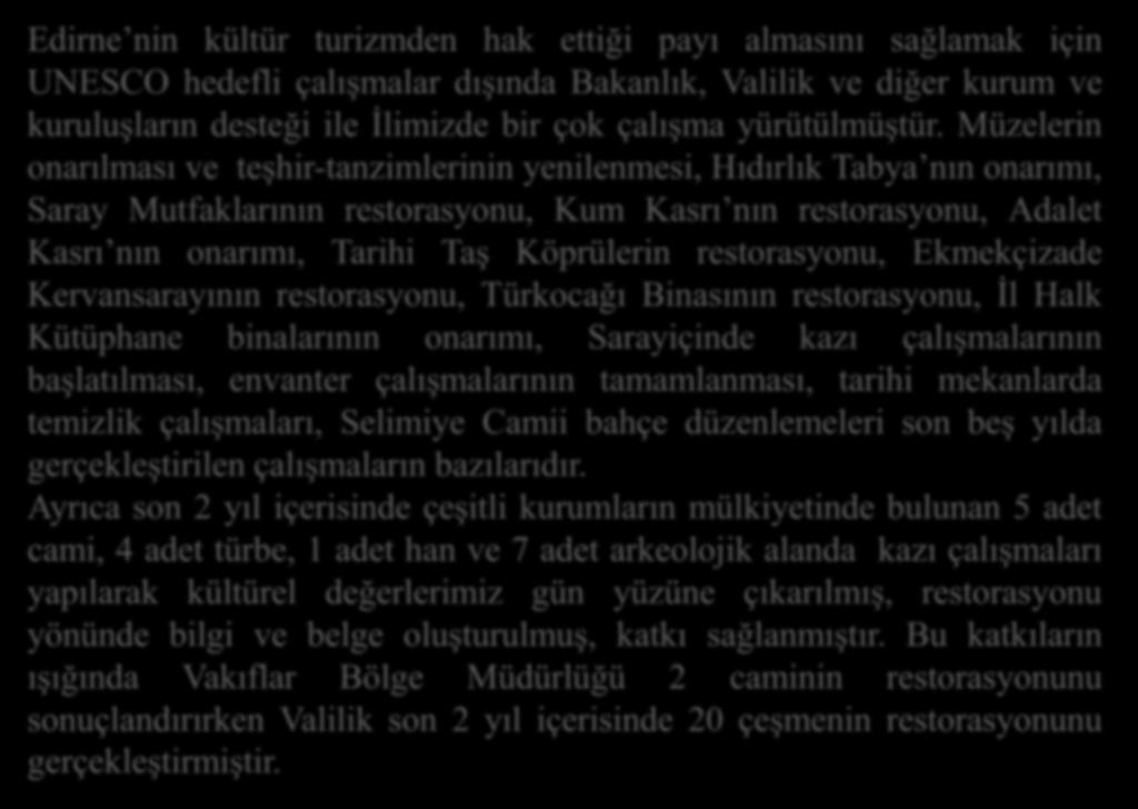 Edirne nin kültür turizmden hak ettiği payı almasını sağlamak için UNESCO hedefli çalışmalar dışında Bakanlık, Valilik ve diğer kurum ve kuruluşların desteği ile İlimizde bir çok çalışma