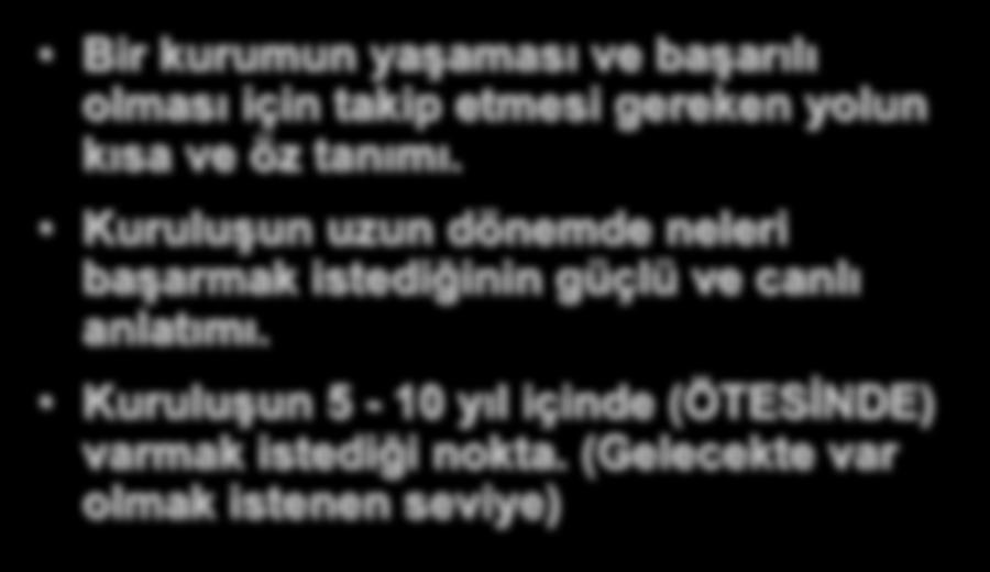 26 Vizyon Bir kurumun yaşaması ve başarılı olması için takip etmesi gereken yolun kısa ve öz tanımı.