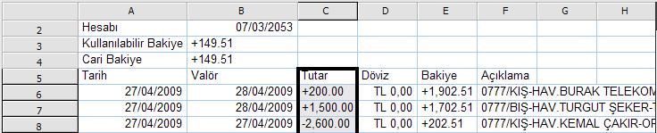 Borç ve Alacak değerleri Tutar sütununda ki ve + karakterlerinden alınacağından BELGE TUTARI() ve BORÇ ALACAK()